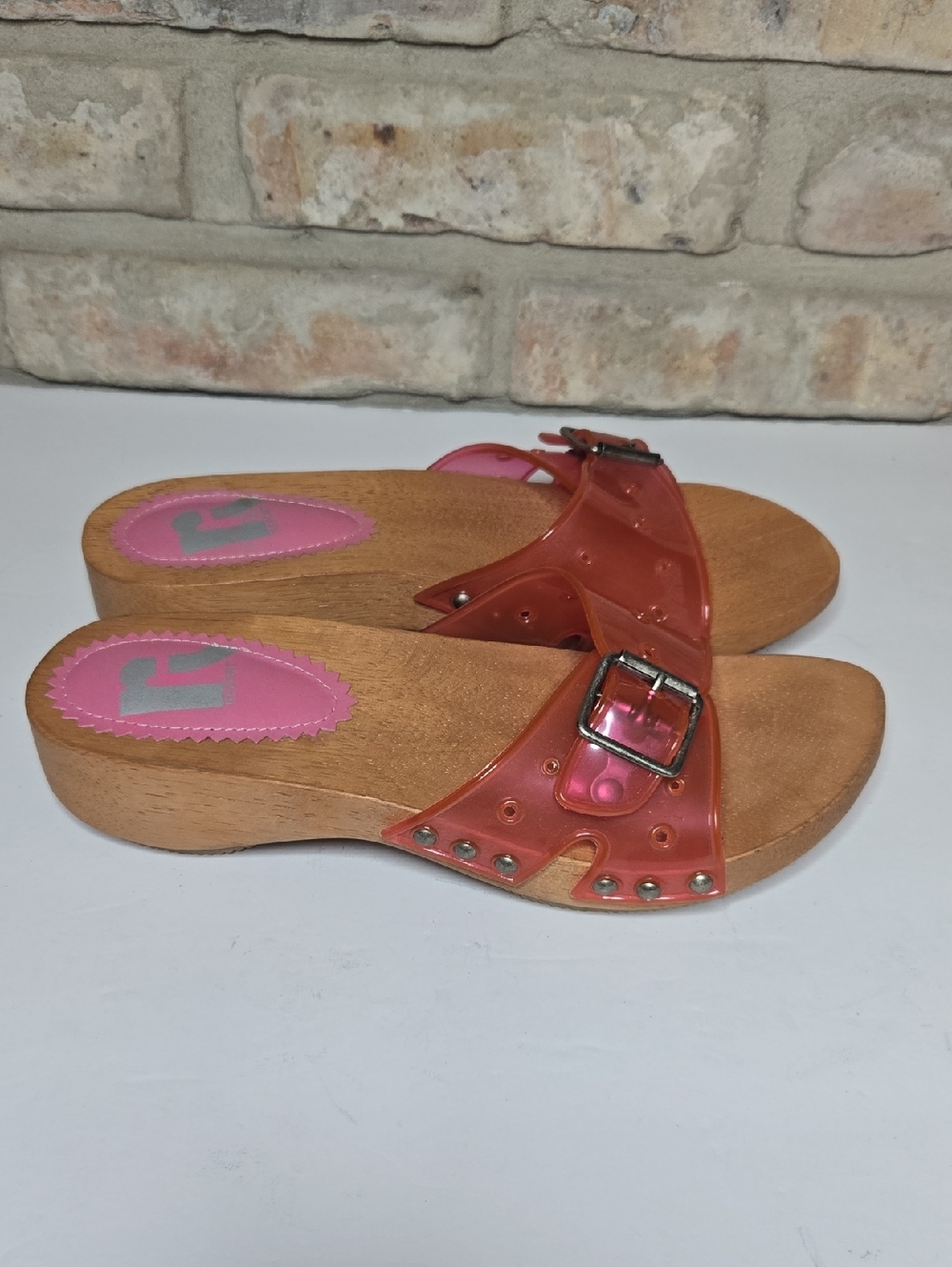 Y2K Report Size 8 Wood Base Pink Transparent Buckle Slide Sandals NEW